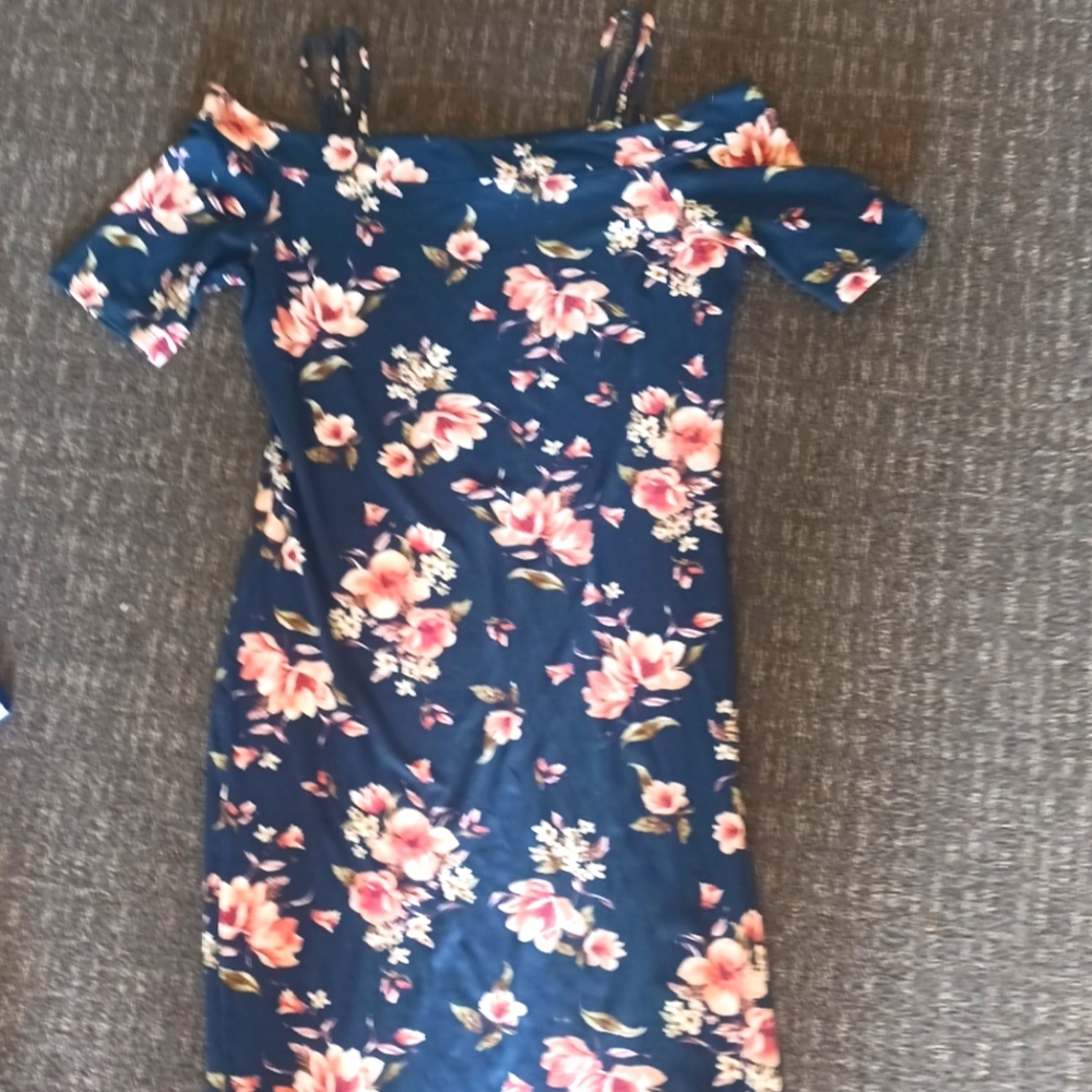 Dark green- blue with flowers cold shoulder mini dress above-knee form fitting